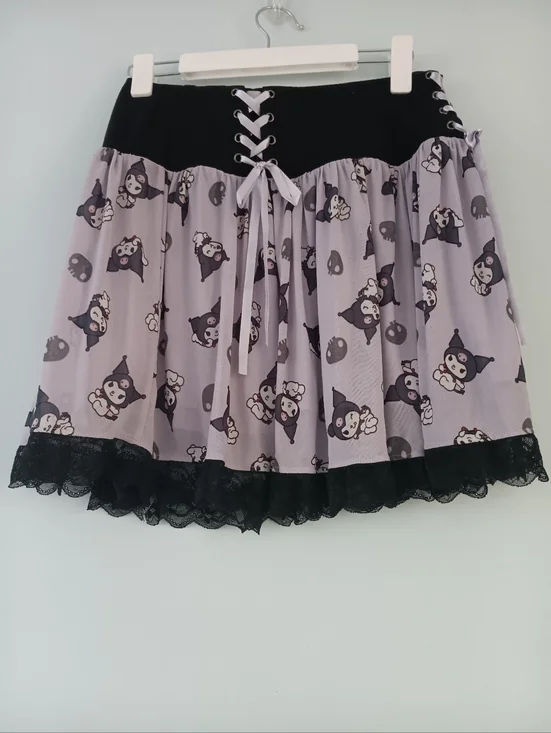 Sanrio Kuromi Lace Up Mini Skirt M Purple Black Ruffle Hem Lace Trim - Picture 2 of 6
